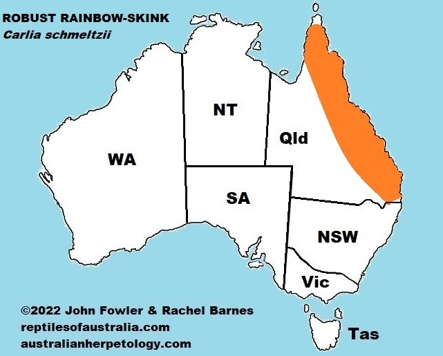 Approximate distribution of the Robust Rainbow Skink (Carlia schmeltzii)